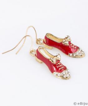 Cercei pantofiori roşii, cu cristale albe