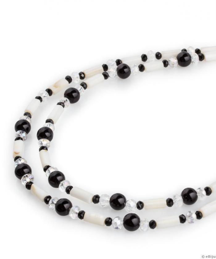 Colier alb-negru din sidef, cristale şi perle de sticlă