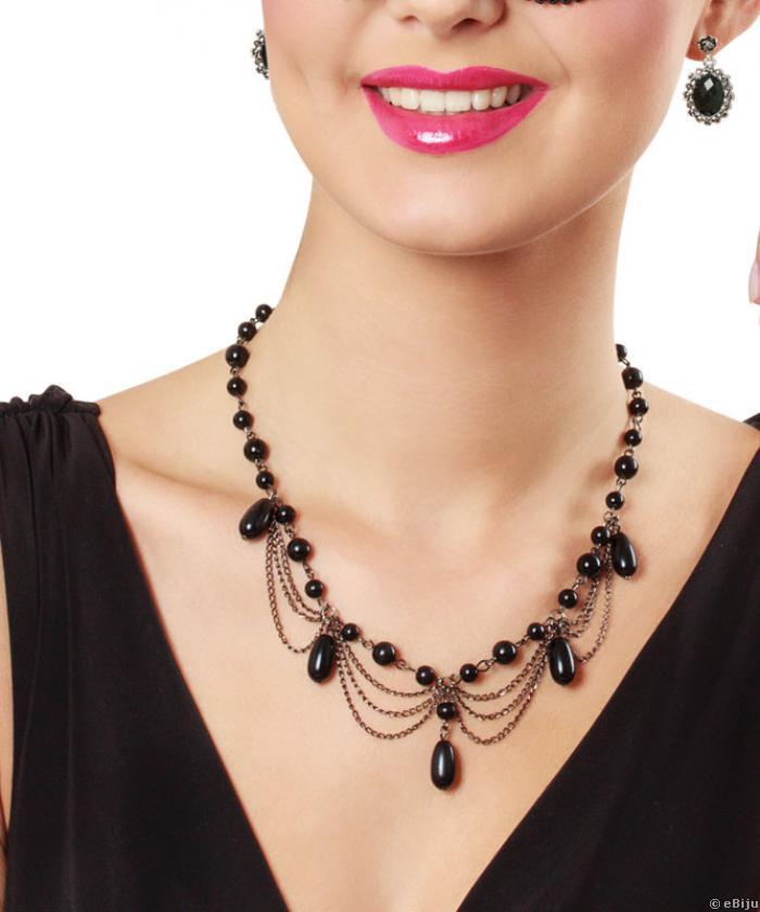 Colier negru in stil victorian din perle de sticla si lant