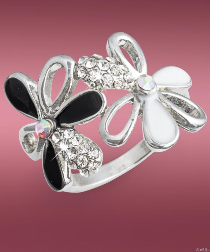 Inel în formă de flori cu cristale din metal argintiu, 16 mm