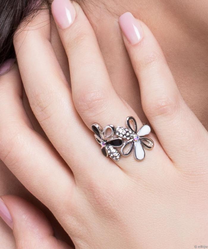 Inel în formă de flori cu cristale din metal argintiu, 16 mm