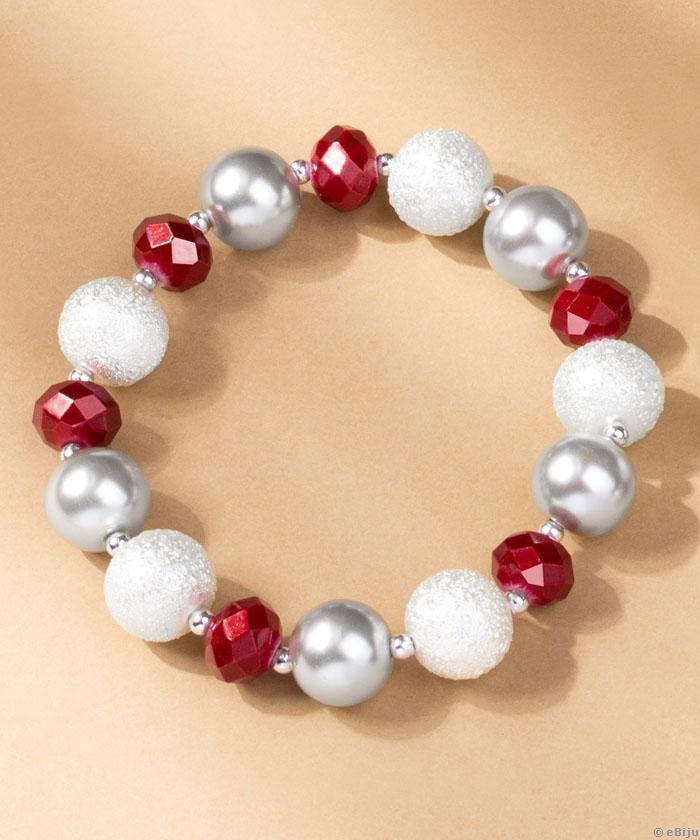 Brăţară cu perle de sticlă gri şi albe, cristale roşii