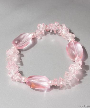 Brăţară din chips de sticlă roz, cu perle şi pietre de sticlă