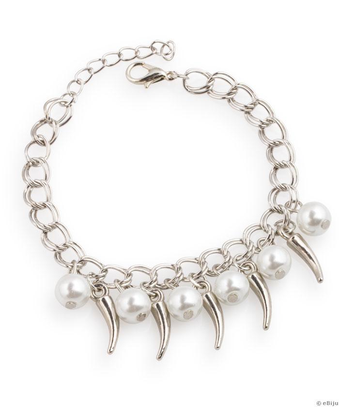 Brăţară din lanţ argintiu, dublu, cu ţepi şi perle