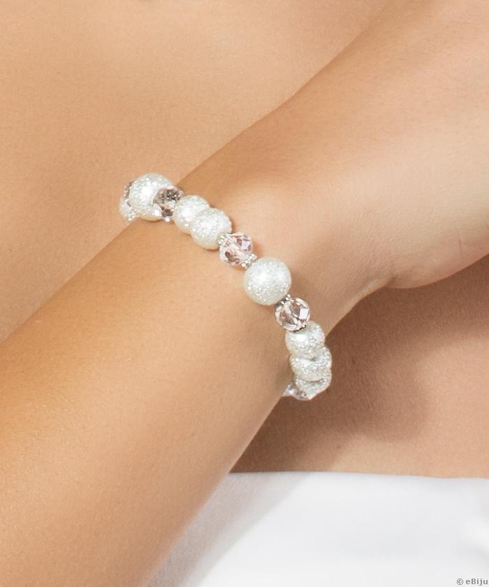 Brăţară din perle albe, gofrate, cu cristale