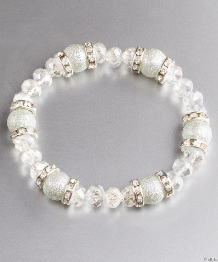 Brăţară din perle de sticlă albe gofrate, cu cristale rondelle