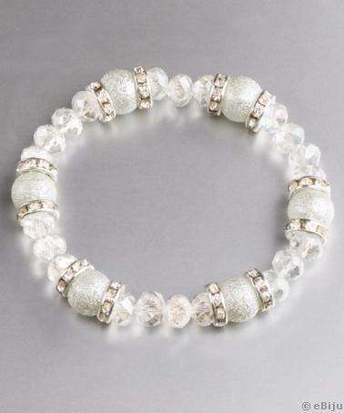 Brăţară din perle de sticlă albe gofrate, cu cristale rondelle