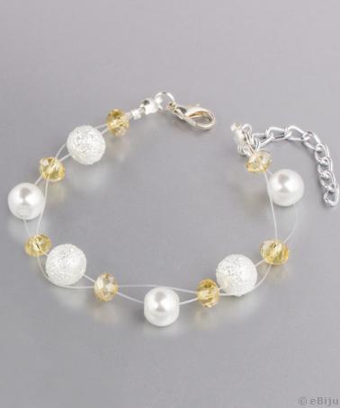 Brăţară din perle de sticlă albe şi cristale rondelle