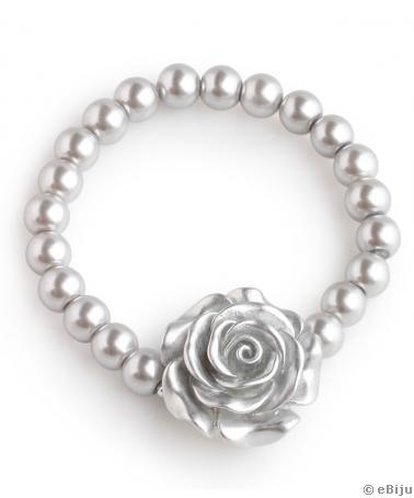 Brăţară din perle de sticlă argintii cu trandafir
