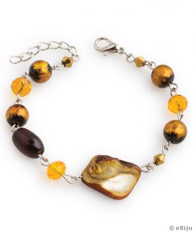 Brăţară din sidef maro-auriu, cristale şi perle de sticlă