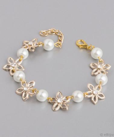 Brăţară floricele aurii şi perle albe