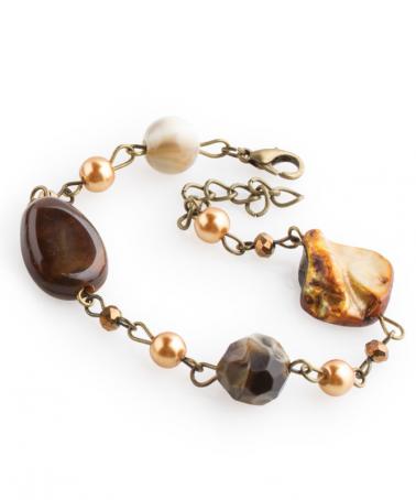 Brăţară maro-auriu din sidef, perle de sticlă şi cristale