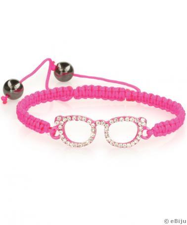 Bratara ochelari roz, ata cu metal si cristale albe