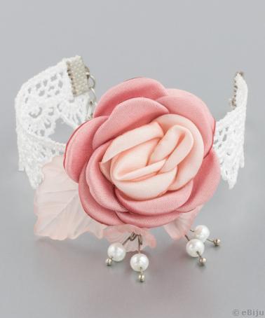Brăţară pentru mirese, din dantelă albă cu trandafir saten roz