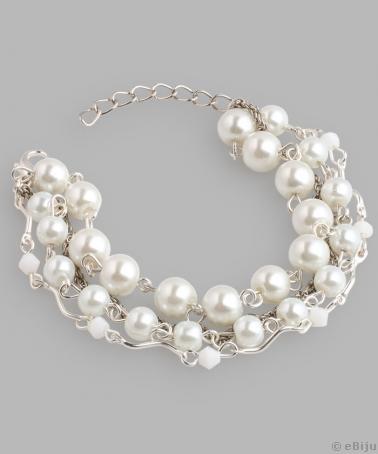 Brăţară perle albe, cristale mate lanţ argintiu