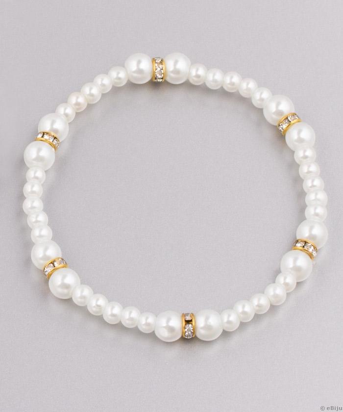 Brăţară perle albe şi elemente aurii cu cristale
