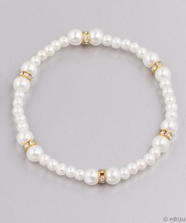Brăţară perle albe şi elemente aurii cu cristale
