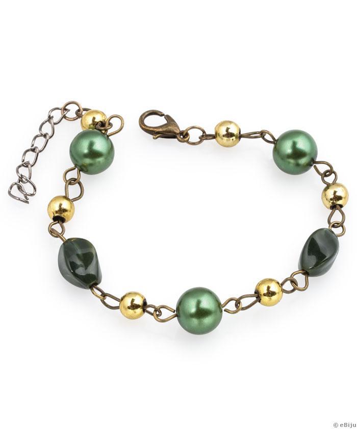 Brăţară perle şi mărgele verzi cu mărgele aurii