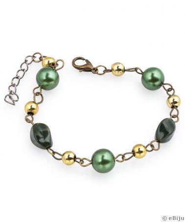 Brăţară perle şi mărgele verzi cu mărgele aurii