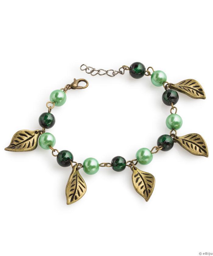 Brăţară perle verzi şi frunze bronz