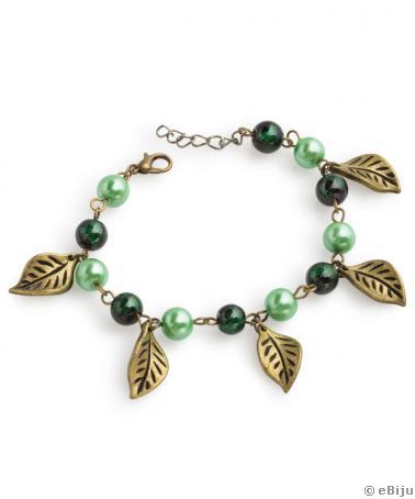Brăţară perle verzi şi frunze bronz