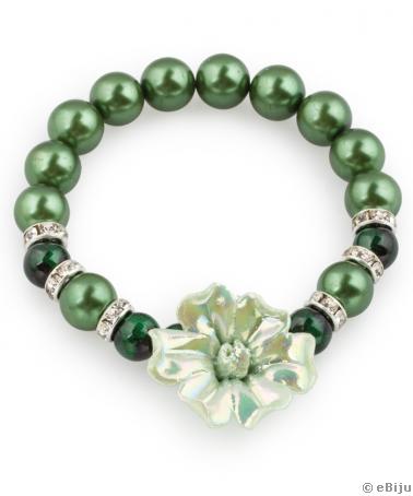 Bratara verde cu floare din portelan si perle de sticla verzi