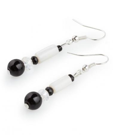 Cercei alb-negru din sidef, cristale şi perle de sticlă