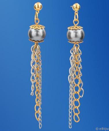 Cercei aurii cu perla de sticla gri pe lant