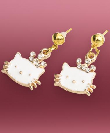 Cercei aurii Hello Kitty cu coroniţă din cristale