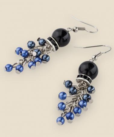 Cercei ciorchin din perle de sticlă albastre și negre