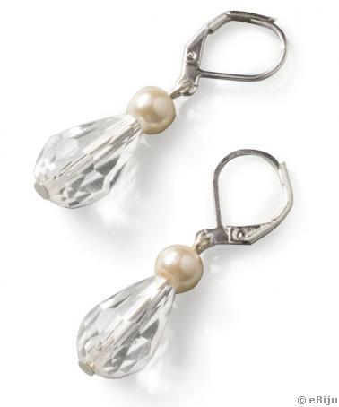Cercei cristal lacrimă, transparent, cu perle