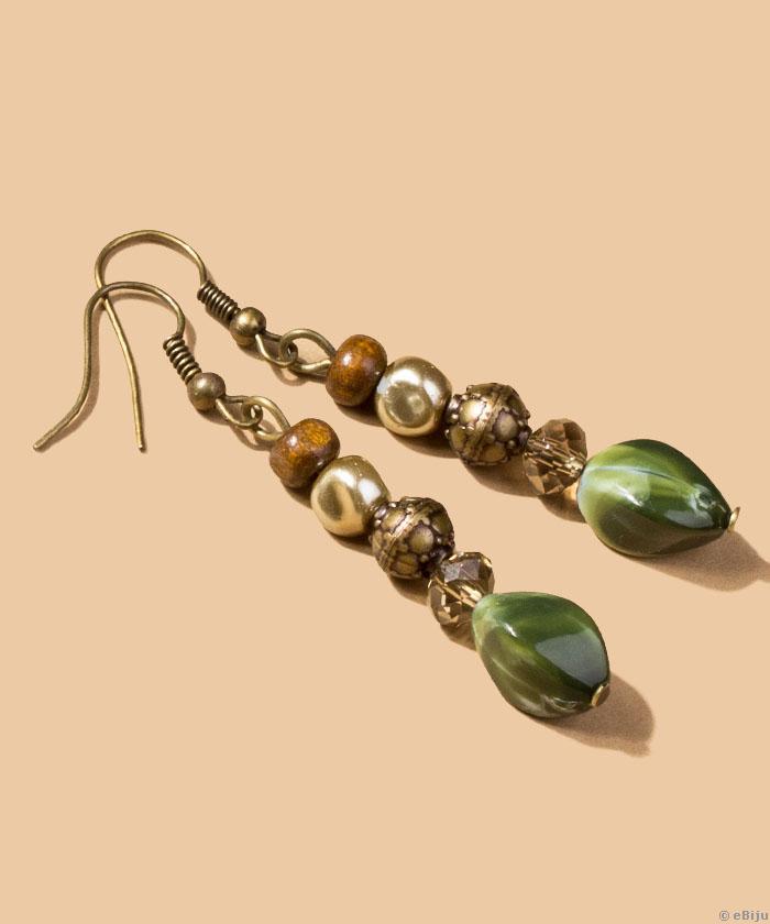 Cercei cu perle de sticlă bej-aurii, cristale şi mărgele din lemn maro