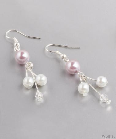 Cercei din perle albe, mov pudră şi cristale