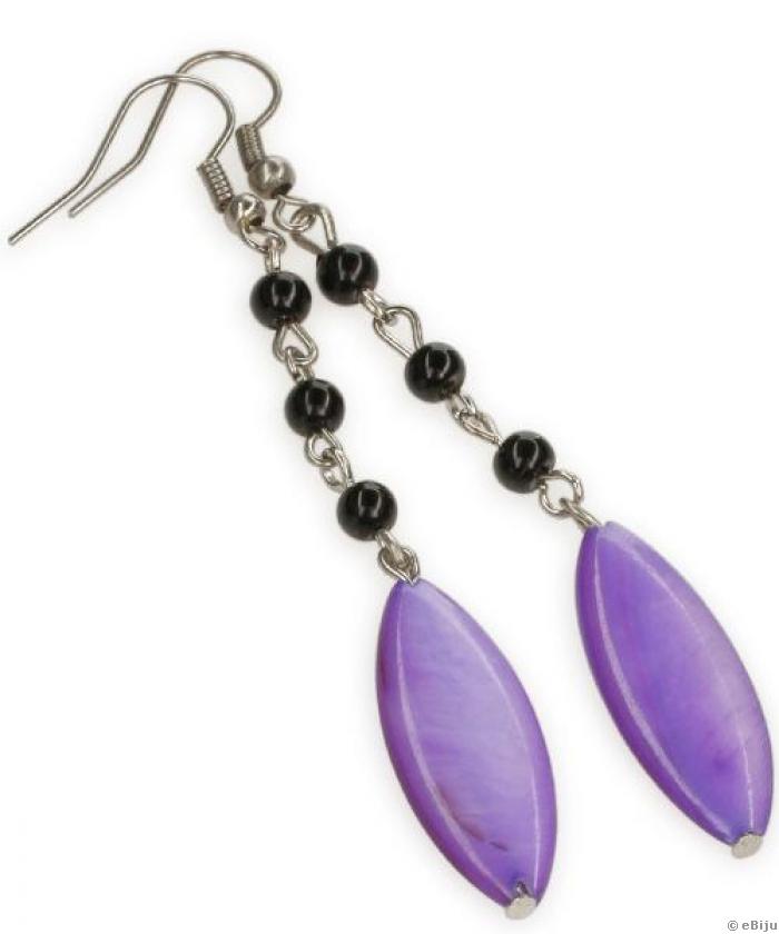 Cercei din sidef mov cu perle de sticlă negre