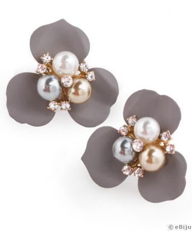 Cercei floare metalică gri, cu cristale şi perle