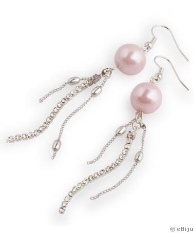 Cercei lungi cu perlă roz, cristale şi lanţ