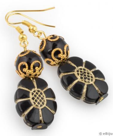 Cercei negri cu elemente ovale şi perle de sticlă negre