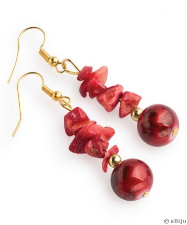 Cercei perle de sticlă cu coral roşu