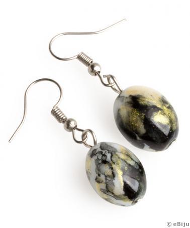 Cercei perle de sticlă, ovale, cu efect marmorat