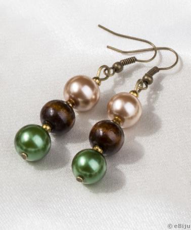 Cercei perle verzi-maro-aurii