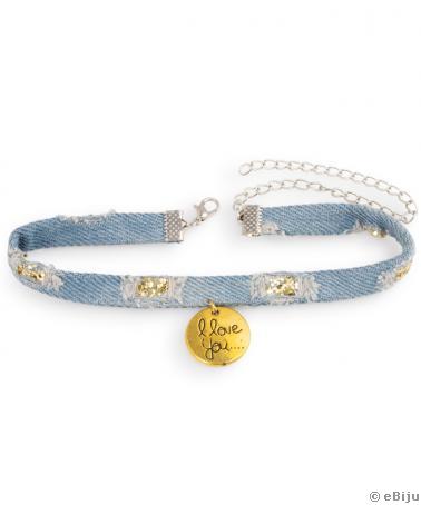 Choker din denim albastru, cu sclipici şi medalion auriu