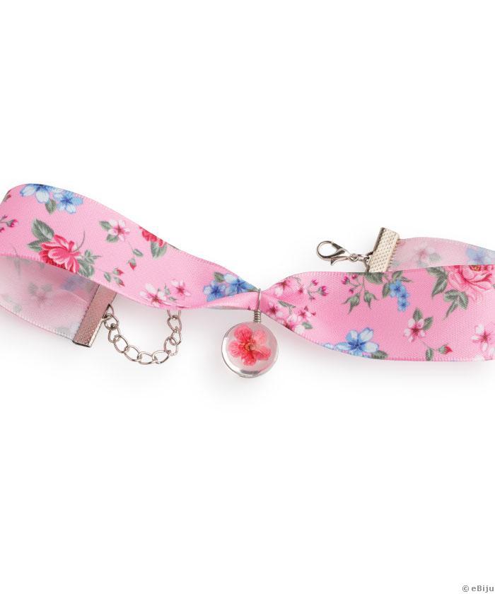 Choker din panglică de satin roz cu imprimeu floral