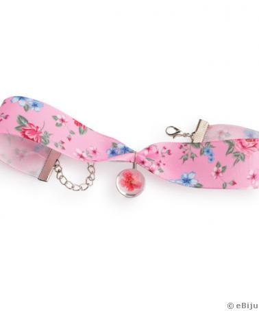 Choker din panglică de satin roz cu imprimeu floral