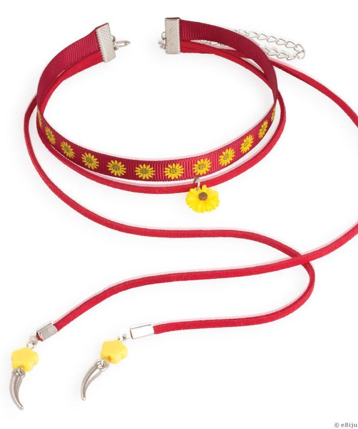 Choker triplu bordo, cu flori galbene