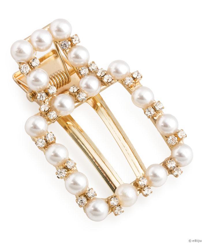 Clamă pătrată din metal auriu, cu perle şi cristale