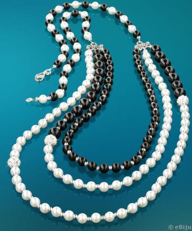 Colier alb negru din perle de sticla si elemente argintii cu strasuri albe
