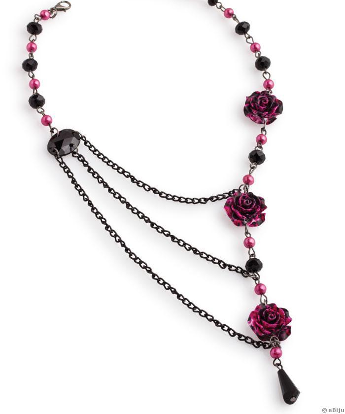 Colier asimetric cu trandafiri, cristale şi perle