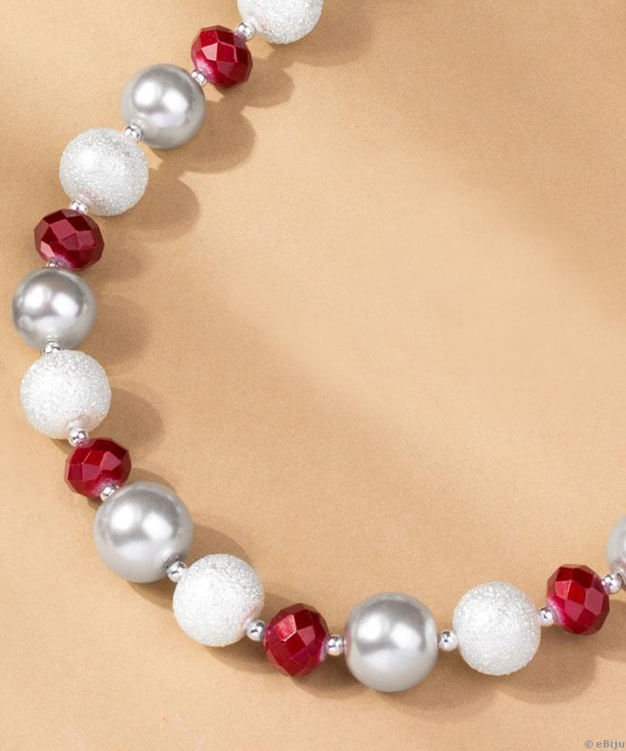 Colier cu perle de sticlă gri şi albe, cristale roşii