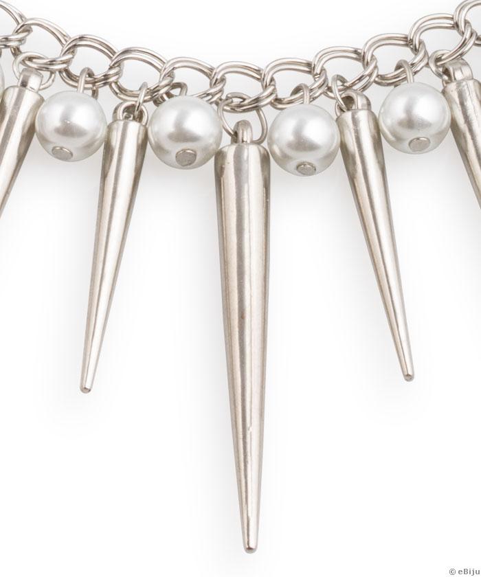 Colier din lanţ argintiu, dublu, cu ţepi şi perle