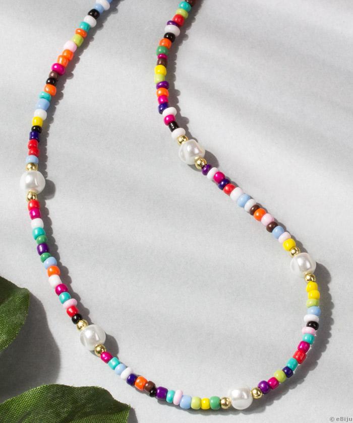 Colier din mărgele de sticlă, multicolore, cu perle